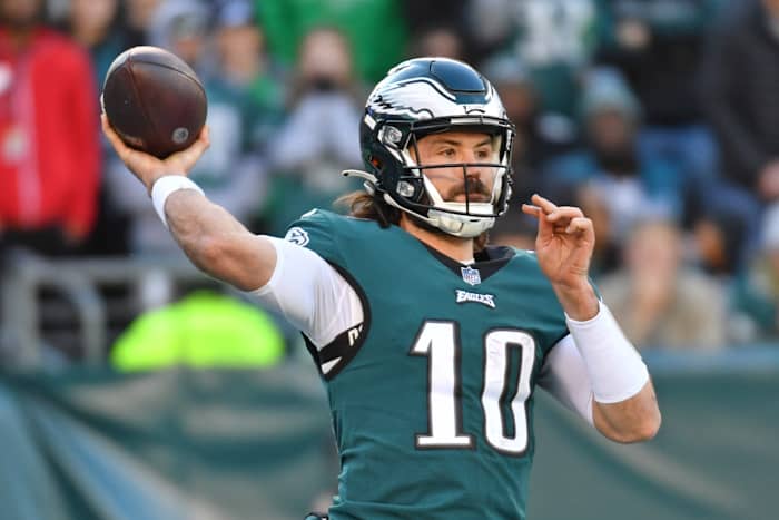 Jan 1, 2023; Philadelphia, Pennsylvania, USA; Philadelphia Eagles quarterback Gardner Minshew (10) throws a pass against the New Orleans Saints during the third quarter at Lincoln Financial Field. Mandatory Credit: Eric Hartline-USA TODAY Sports